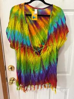 Sol & Spa Rainbow Tie Dye Fringe Tassels Swimsuit Cover Up Poncho